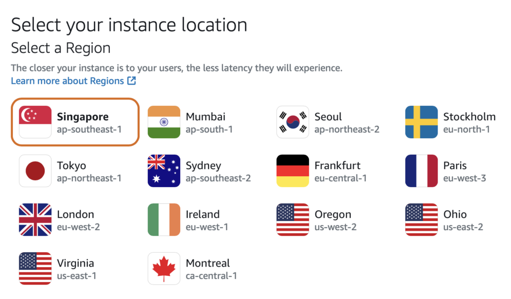 Amazon Lightsail 有不同地區的伺服器。亞太地區可以使用新加坡伺服器。