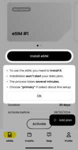 當你選購了 eSIM 計劃後，在Saily 畫面可以看到 Install eSIM 選項。