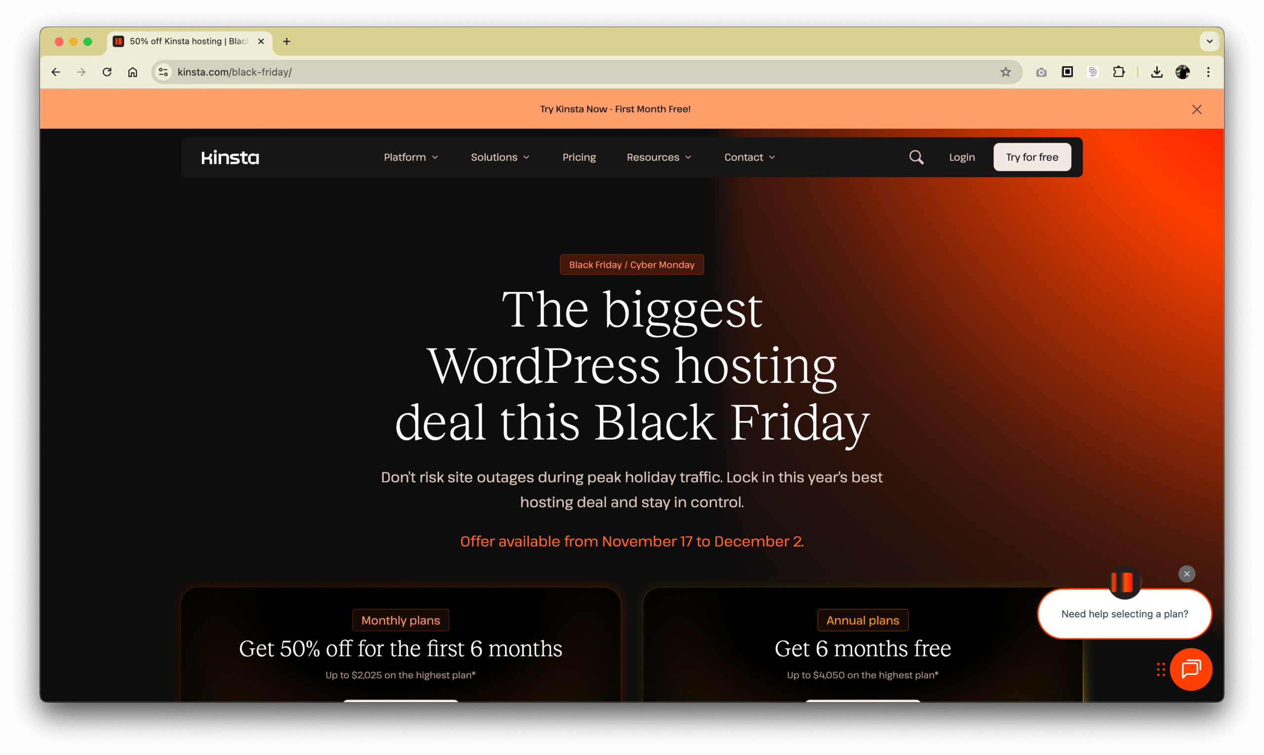 Kinsta Wordpress Hosting Service Black Friday Promotion